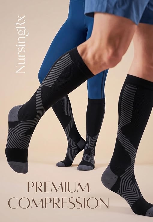 NursingRx premium knee-high compression socks worn by two people