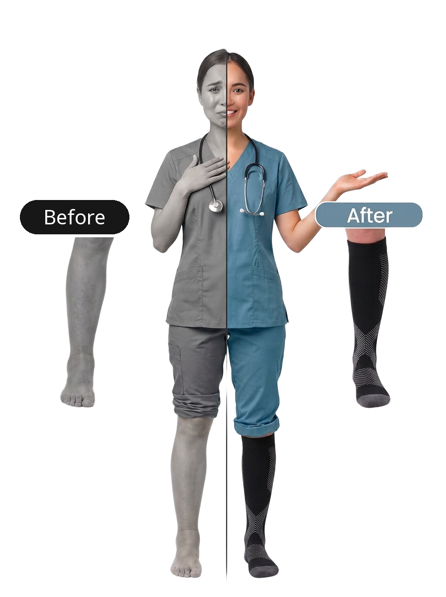 Before and after comparison of legs with and without NursingRx compression socks