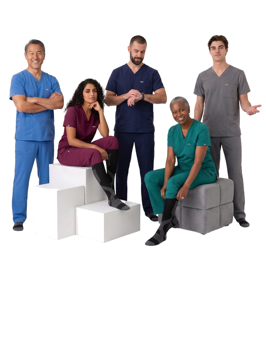 Healthcare professionals in scrubs wearing NursingRx compression socks