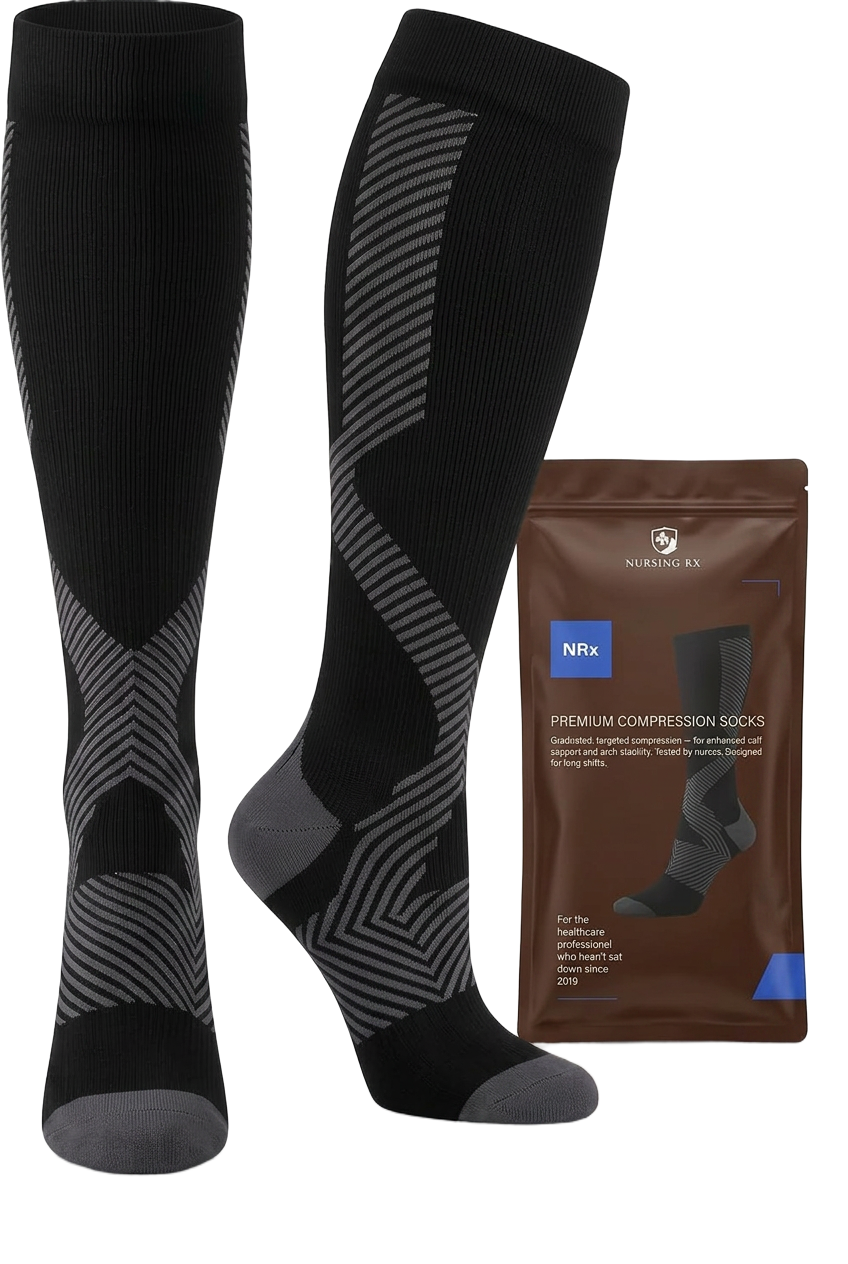 NursingRx compression socks with retail packaging